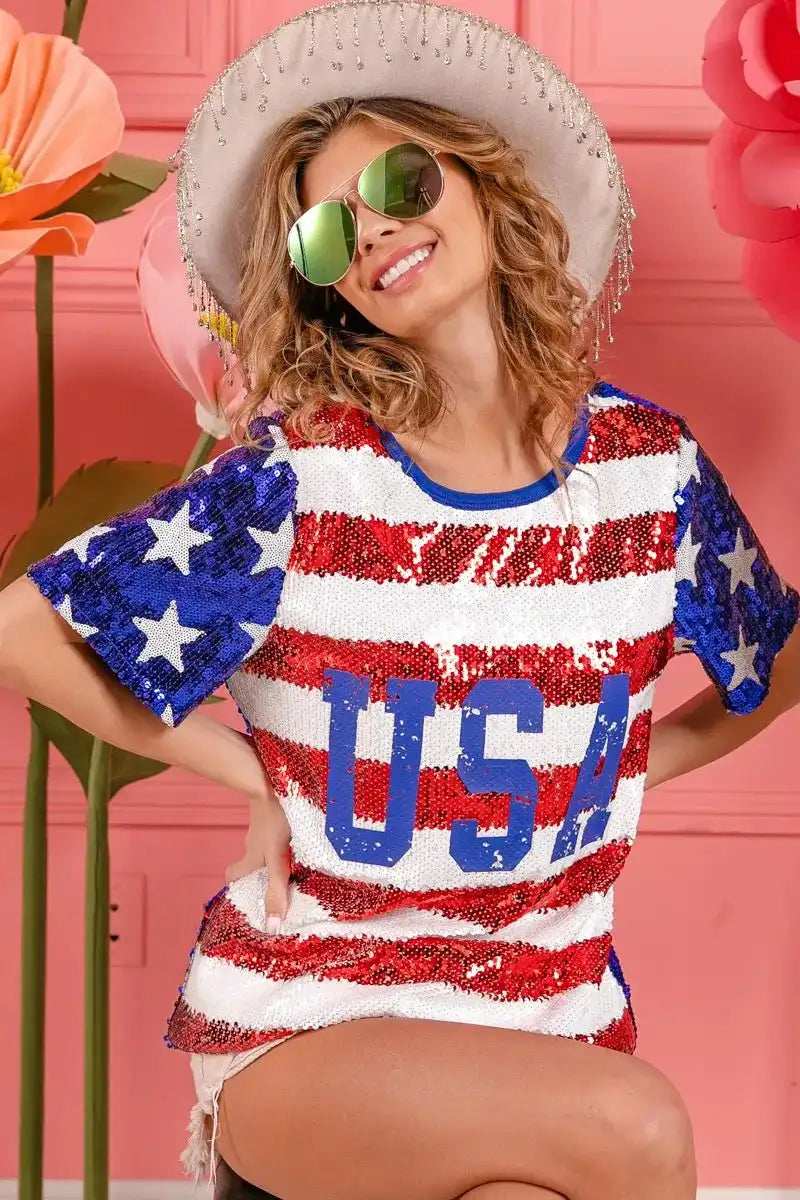 BiBi American Flag Theme USA Lettering Sequin Top - Trendsi - Flyclothing LLC