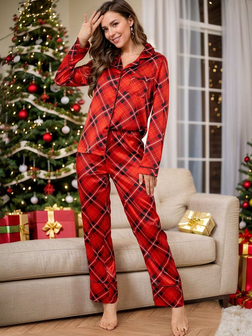 Plaid Button Up Long Sleeve Top and Pants Lounge Set - Trendsi - Flyclothing LLC