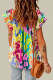 Ruffled Printed Tie Neck Cap Sleeve Blouse - Trendsi - Flyclothing LLC