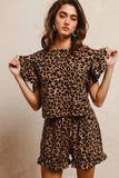 BiBi Leopard Print Waffle Texture Layered Ruffle Sleeve Top and Shorts Set - Trendsi - Flyclothing LLC