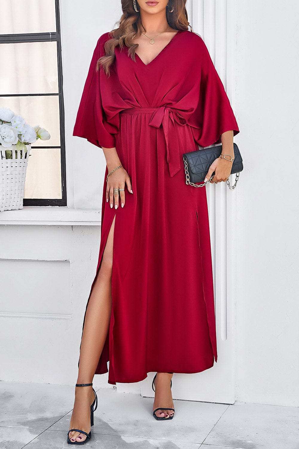 Slit Tied V-Neck Three-Quarter Sleeve Dress - Trendsi - Flyclothing LLC