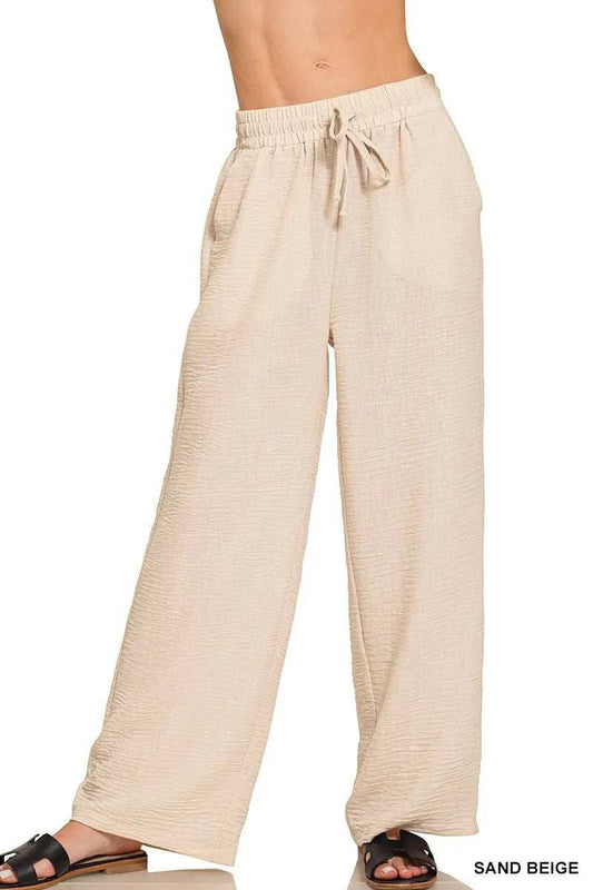 Zenana Woven Crepe Elastic Band Pants - Trendsi - Flyclothing LLC