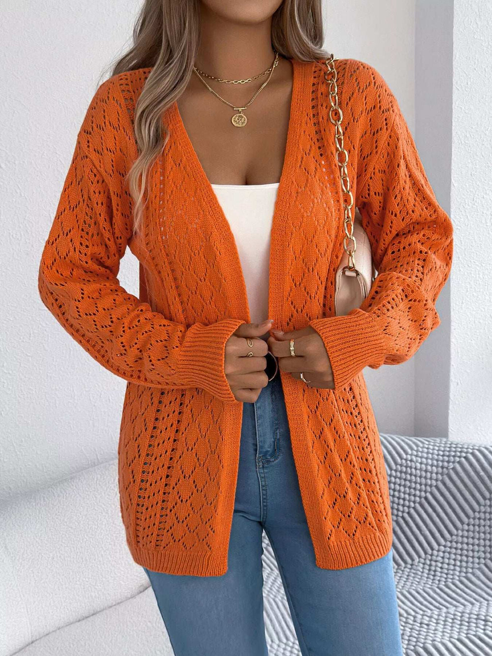 Openwork Open-Front Long Sleeve Cardigan - Trendsi - Flyclothing LLC