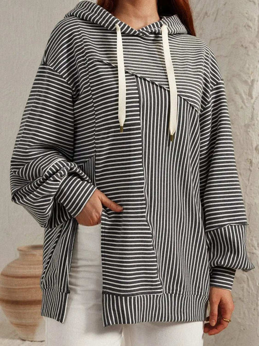 Slit Drawstring Striped Long Sleeve Hoodie - Trendsi - Flyclothing LLC