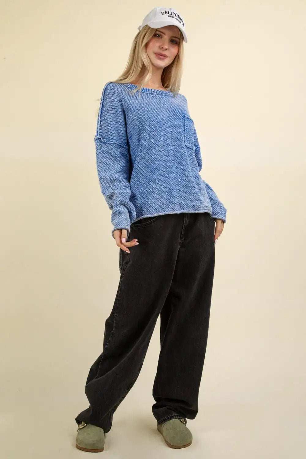 VERY J Mineral Washed Exposed Seam Sweater - Trendsi - Flyclothing LLC