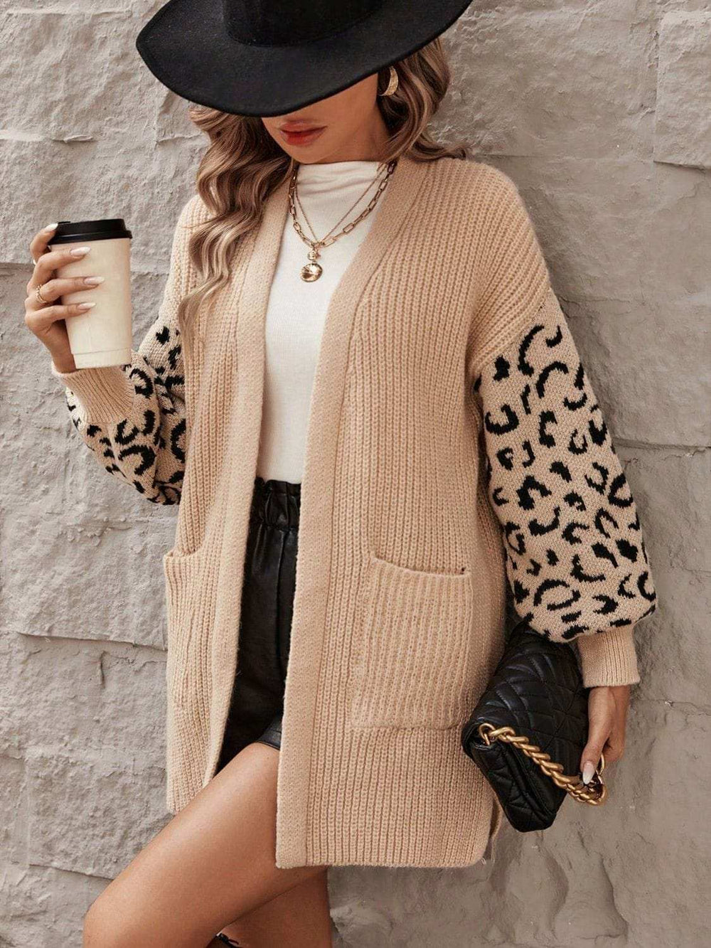 Pocketed Leopard Open Front Cardigan - Trendsi - Flyclothing LLC
