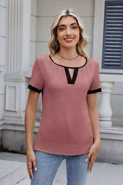 Cutout Round Neck Short Sleeve Top - Trendsi - Flyclothing LLC