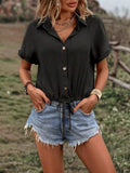Drawstring Button Up Short Sleeve Blouse - Trendsi - Flyclothing LLC