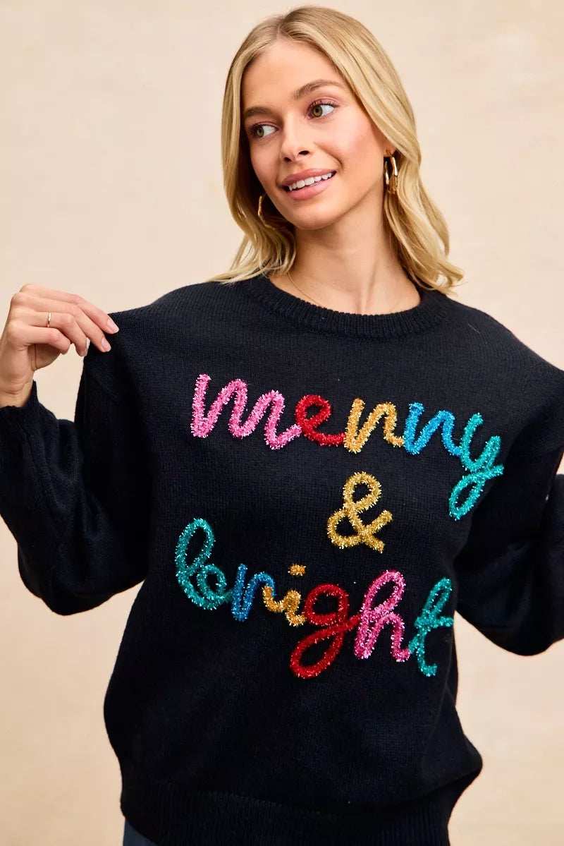 BiBi Tinsel Lettering Christmas Sweater - Trendsi - Flyclothing LLC