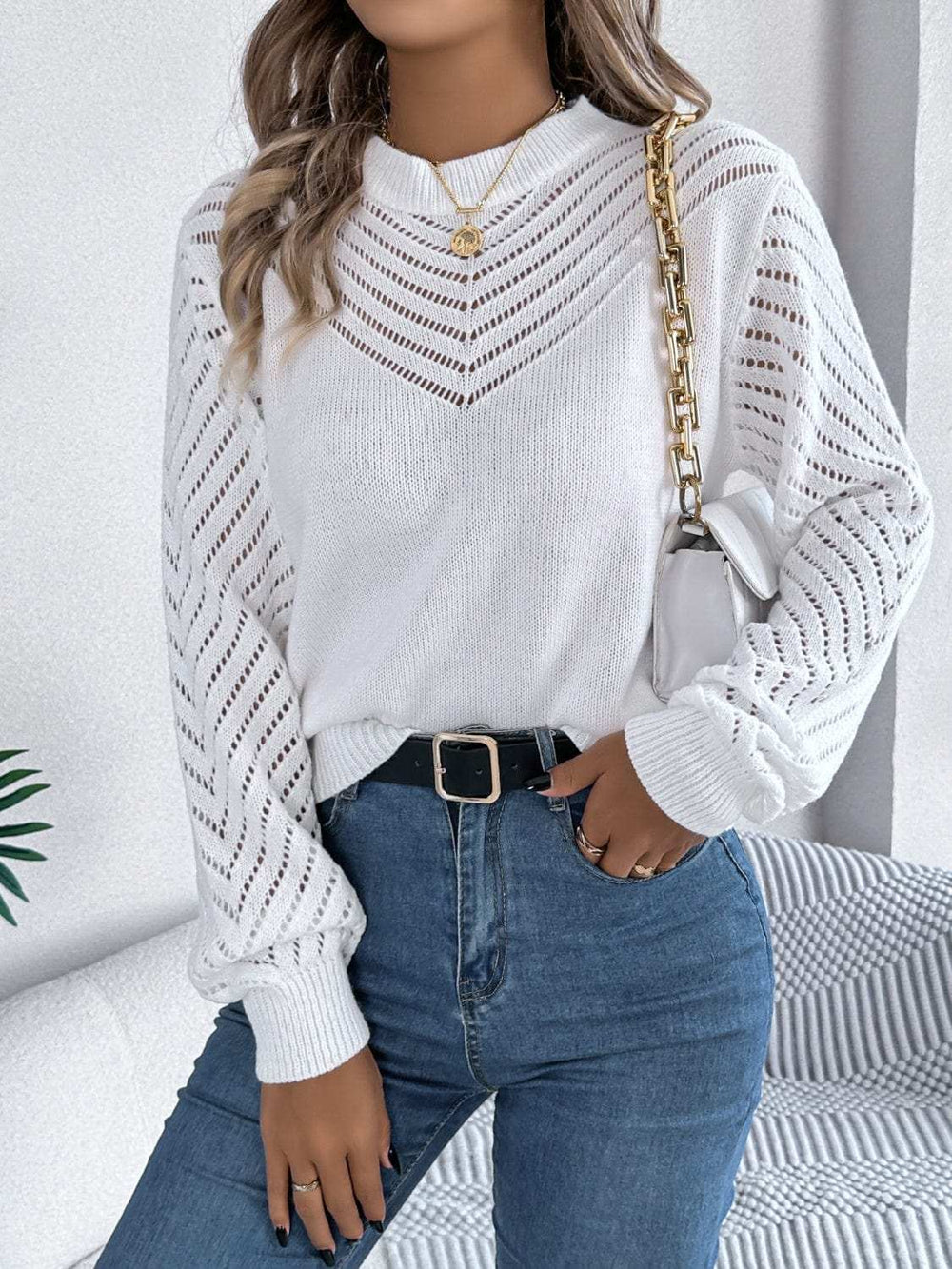 Openwork Round Neck Long Sleeve Knit Top - Trendsi - Flyclothing LLC