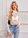 Mock Neck Long Sleeve Lace Sheer Top - Trendsi - Flyclothing LLC
