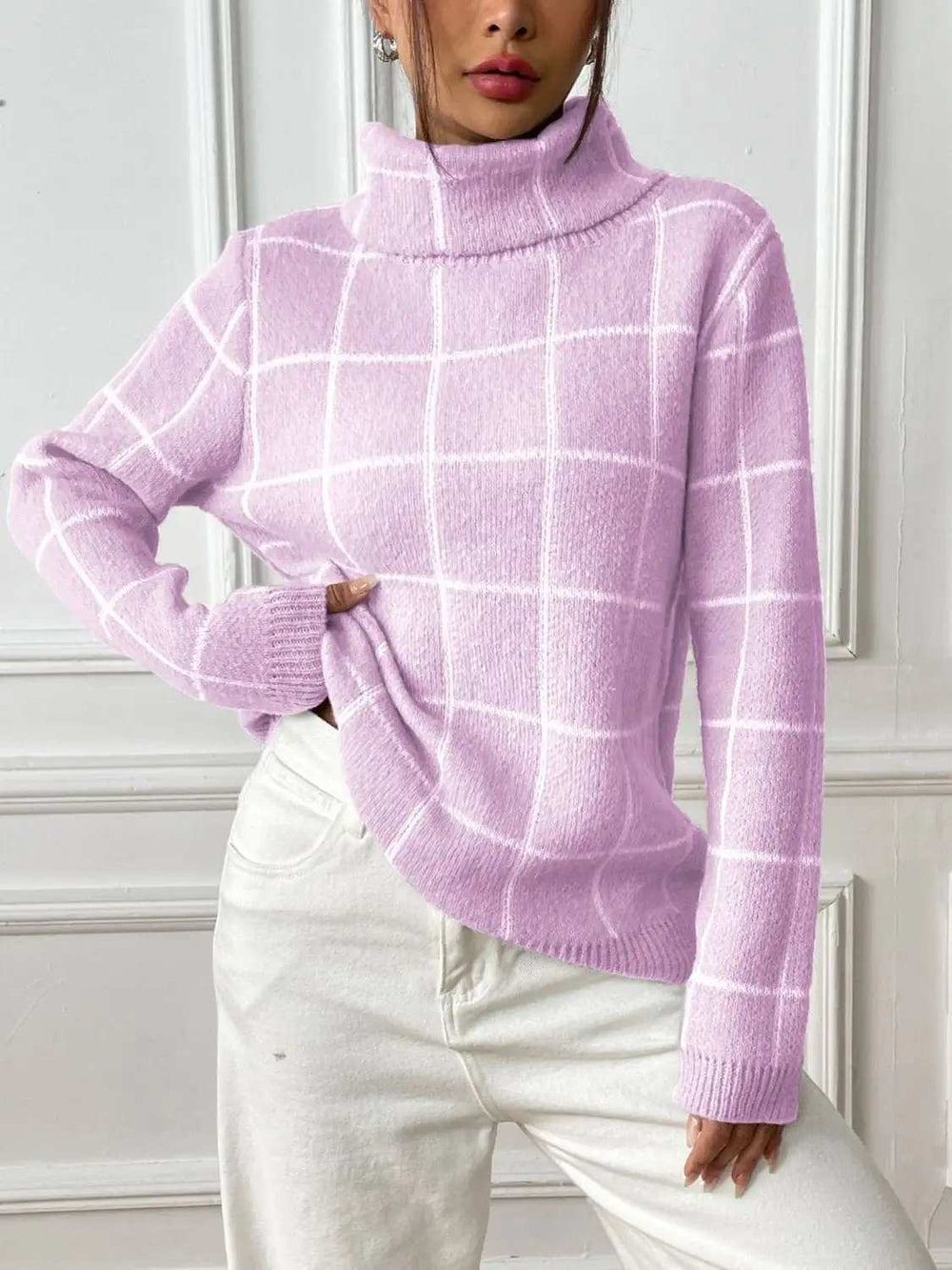 Plaid Turtleneck Long Sleeve Sweater - Trendsi - Flyclothing LLC