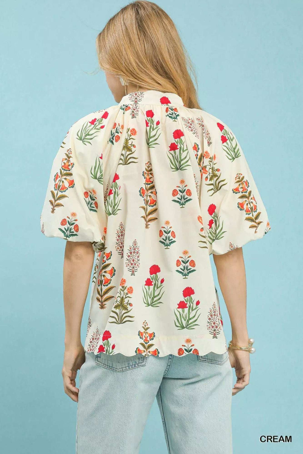 Umgee Floral Print Puff Sleeve Scallop Hem Blouse - Trendsi - Flyclothing LLC