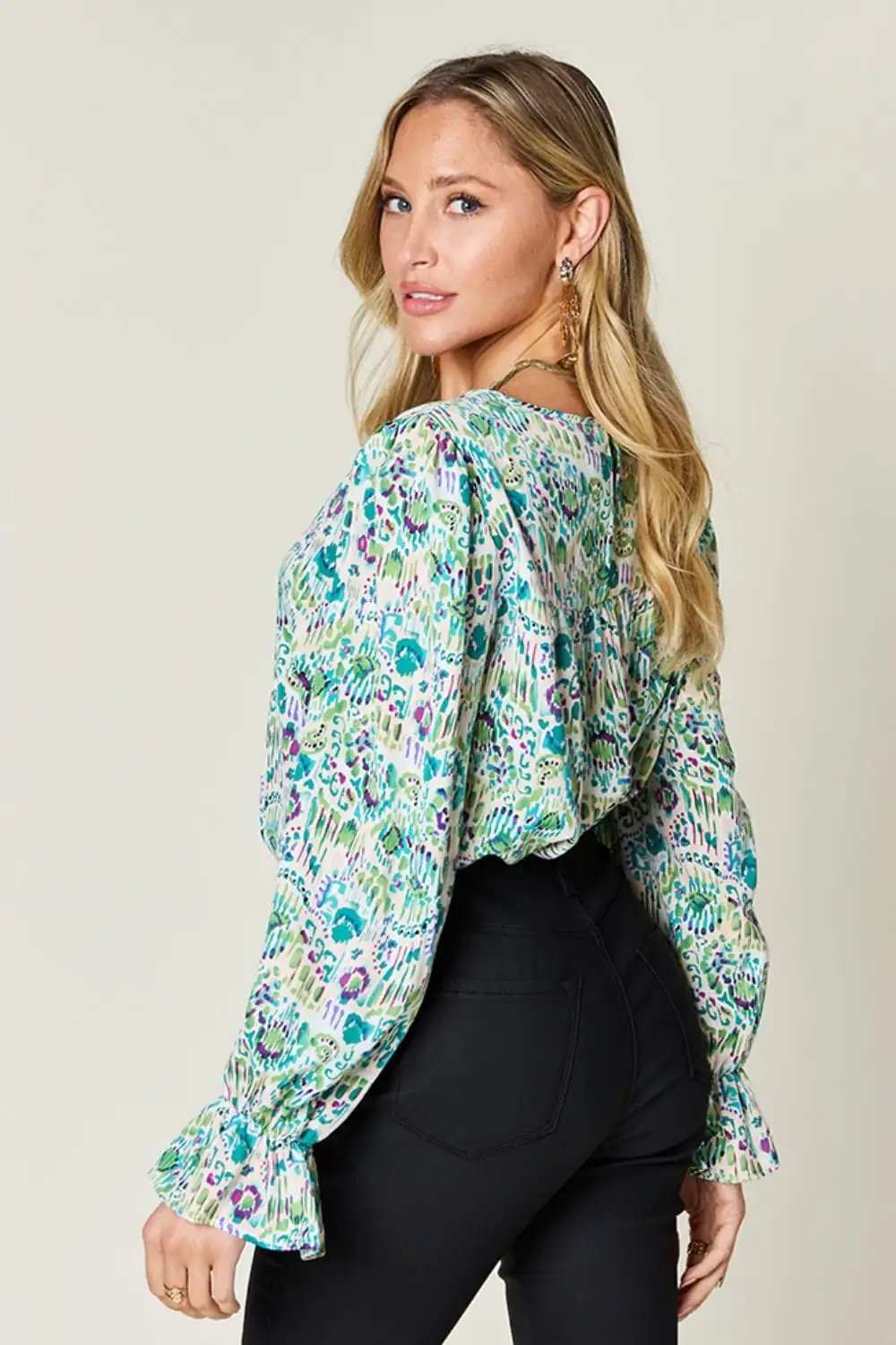 Double Take Full Size Printed Flounce Sleeve Blouse - Trendsi - Flyclothing LLC