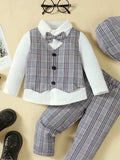 Hat, Long Sleeve Shirt, Plaid Vest and Pants 4-Piece Set - Trendsi - Flyclothing LLC