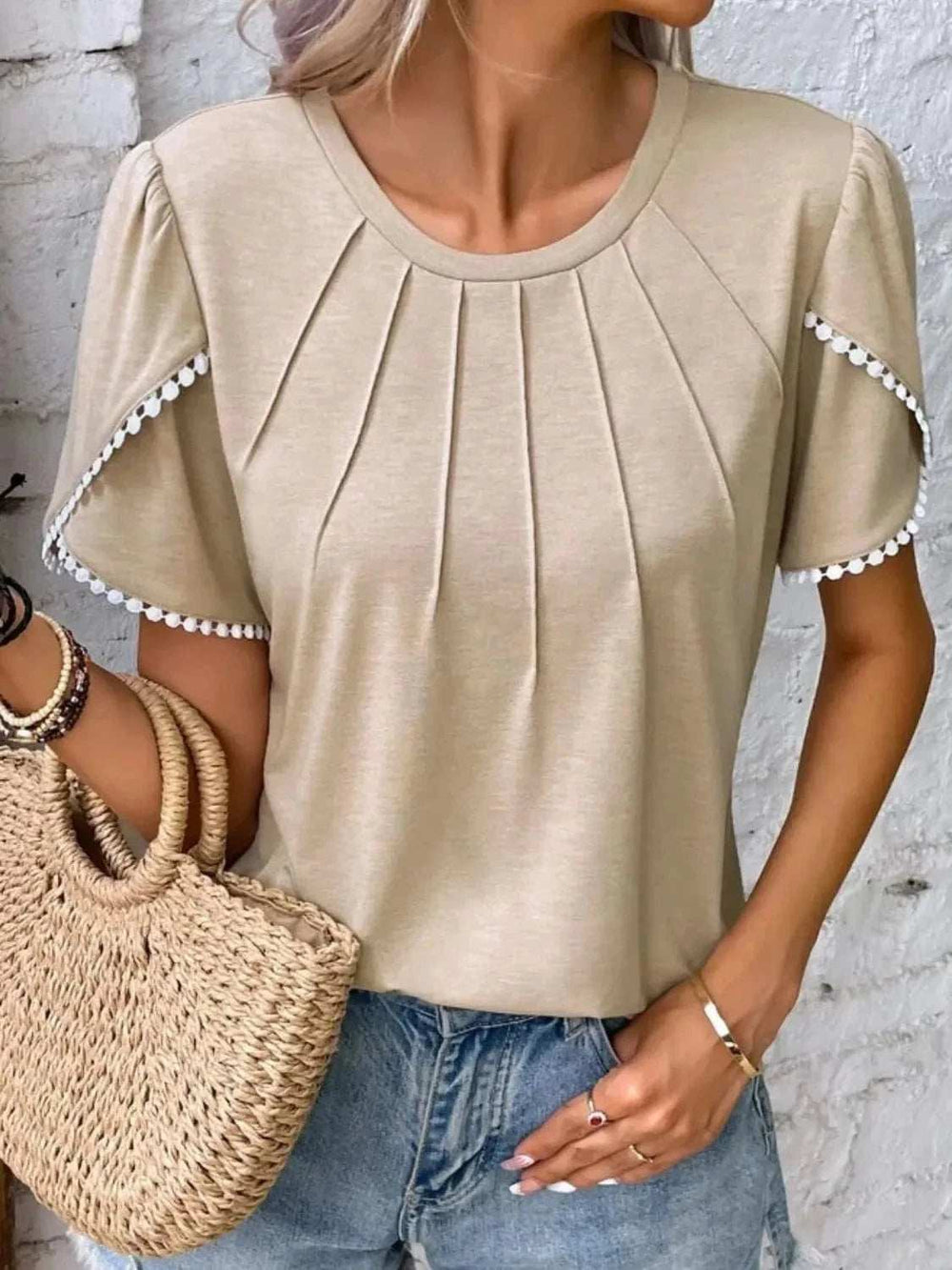 Full Size Round Neck Petal Sleeve Blouse Plus Size - Trendsi - Flyclothing LLC