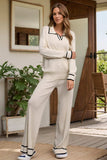 Contrast Trim Johnny Collar Top and Drawstring Pants Sweater Set - Trendsi - Flyclothing LLC