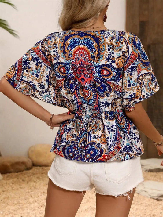 Printed Surplice Half Sleeve Blouse - Trendsi - Flyclothing LLC