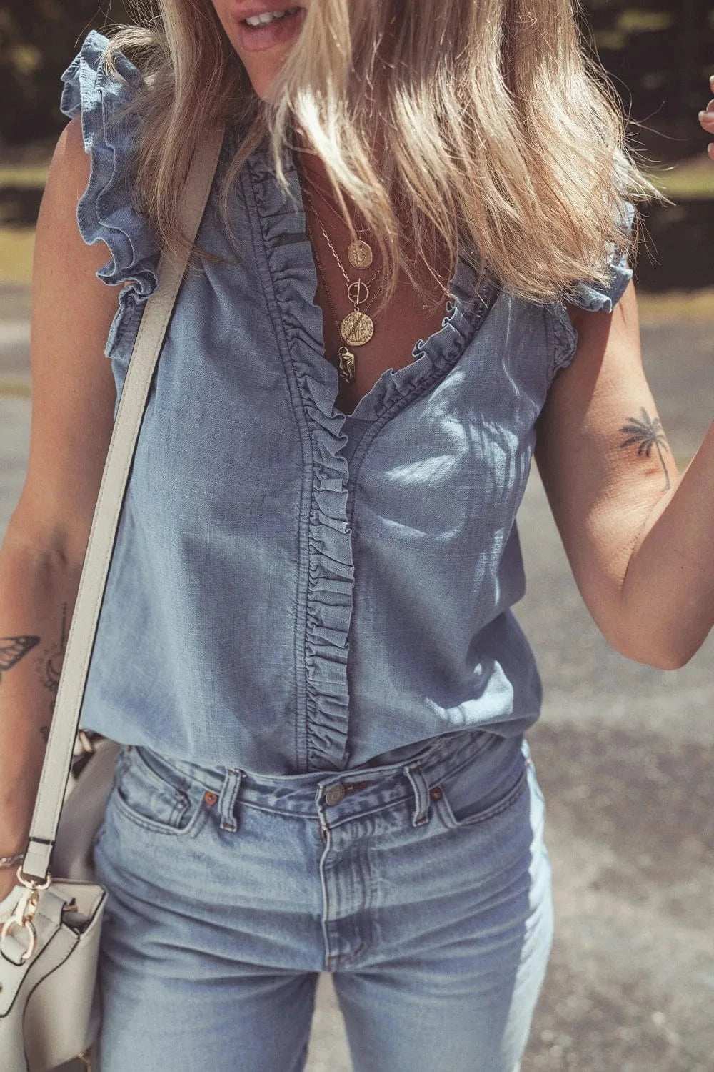 Frilly Ruffle Trim V Neck Chambray Tank - Trendsi - Flyclothing LLC