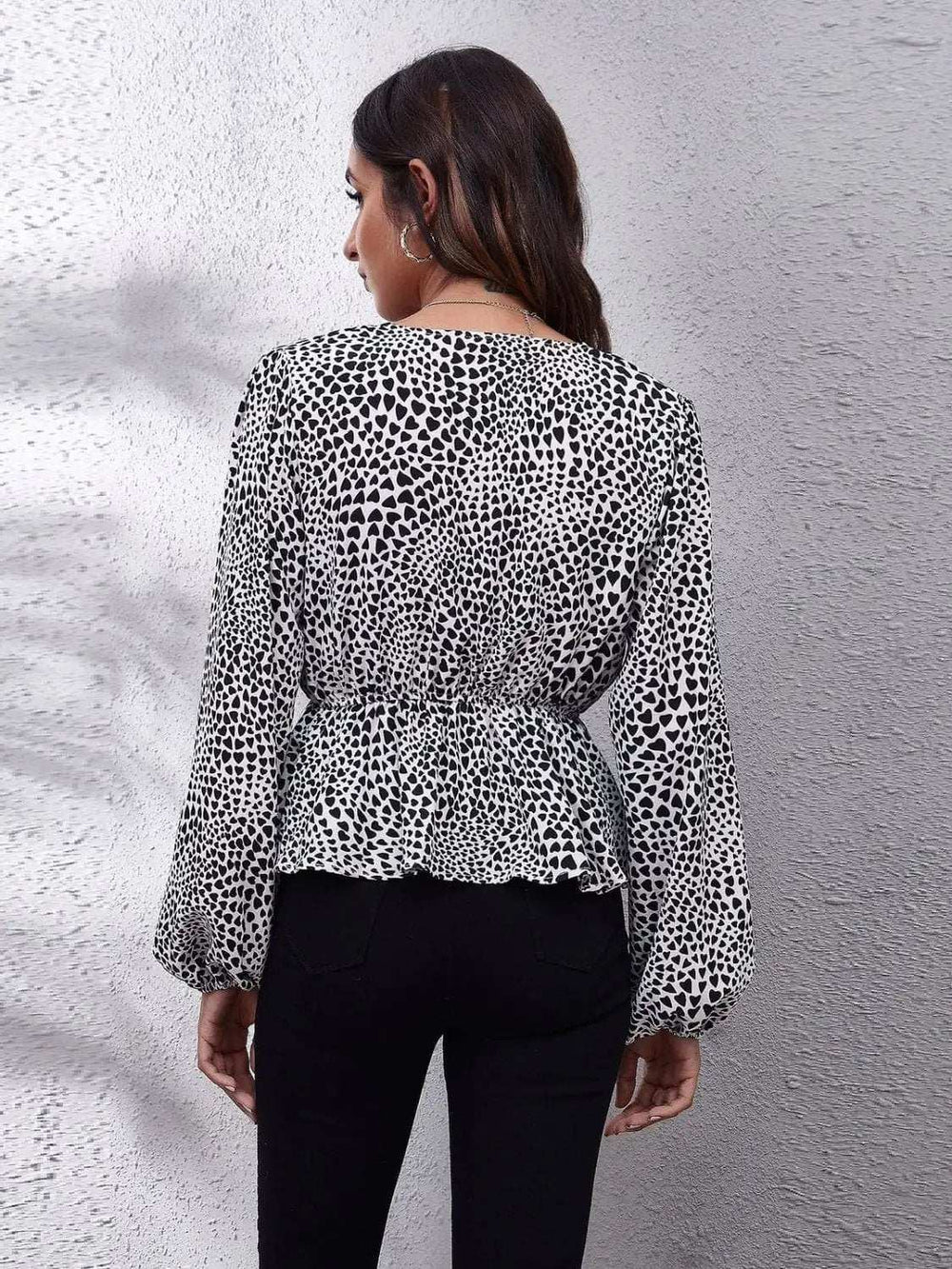 Ruched Printed V-Neck Long Sleeve Blouse - Trendsi - Flyclothing LLC