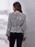 Ruched Printed V-Neck Long Sleeve Blouse - Trendsi - Flyclothing LLC