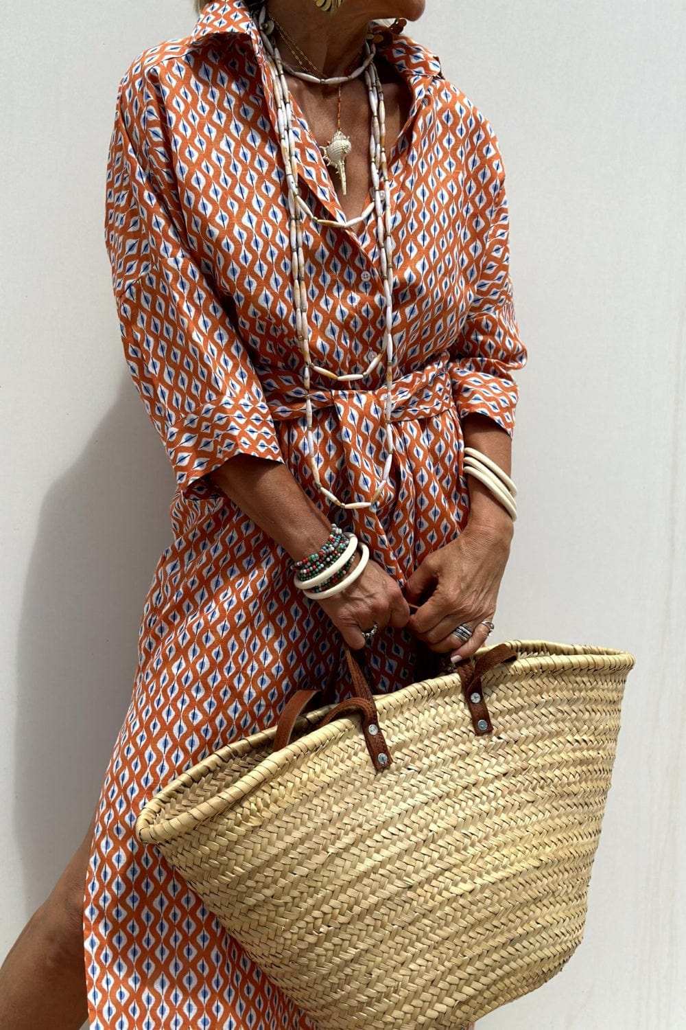 Slit Printed Collared Neck Three-Quarter Sleeve Midi Shirt Dress - Trendsi - Flyclothing LLC