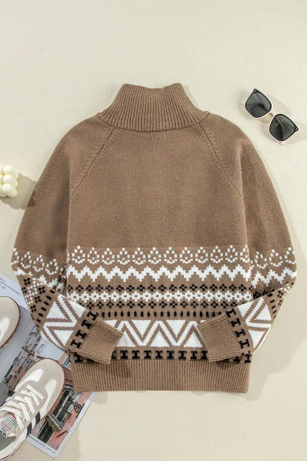 Zip Up Long Sleeve Geometric Cardigan - Trendsi - Flyclothing LLC