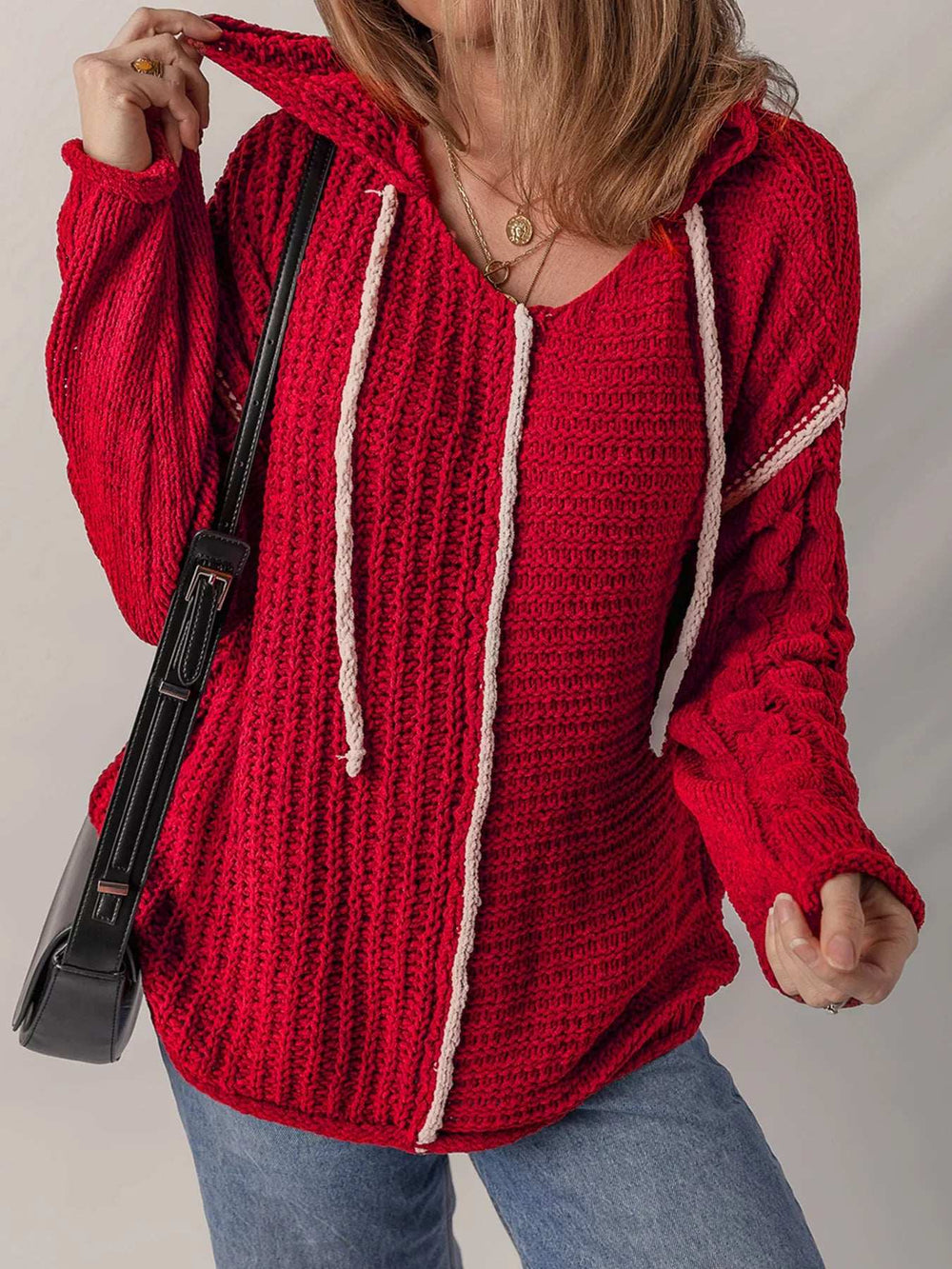 Contrast Trim Textured Knit Drawstring Hooded Sweater - Trendsi - Flyclothing LLC