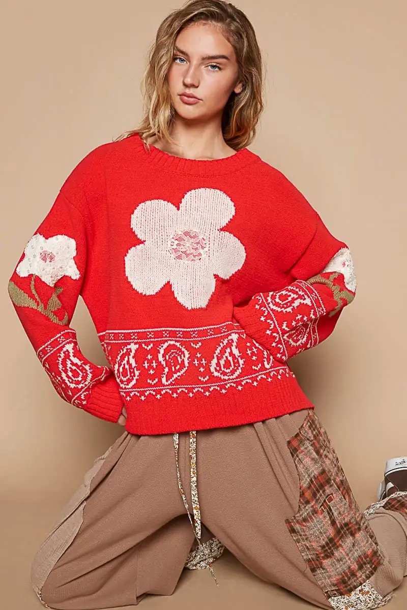 POL Flower Lace Patch Long Sleeve Sweater - Trendsi - Flyclothing LLC