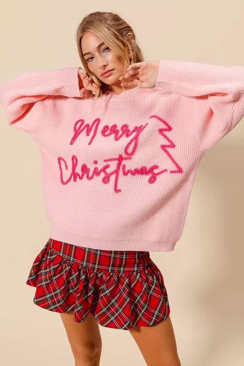 SO ME Merry Christmas Tinsel Lettering Sweater - Trendsi - Flyclothing LLC