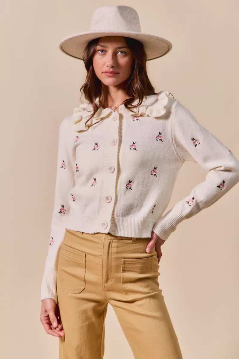 SO ME Collared Floral Embroidered Button Down Sweater Cardigan - Trendsi - Flyclothing LLC