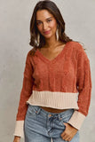SO ME Chenille Cable Knit V Neck Contrast Cropped Sweater - Trendsi - Flyclothing LLC