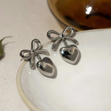 Stainless Steel Bow & Heart Drop Earrings - Trendsi - Flyclothing LLC