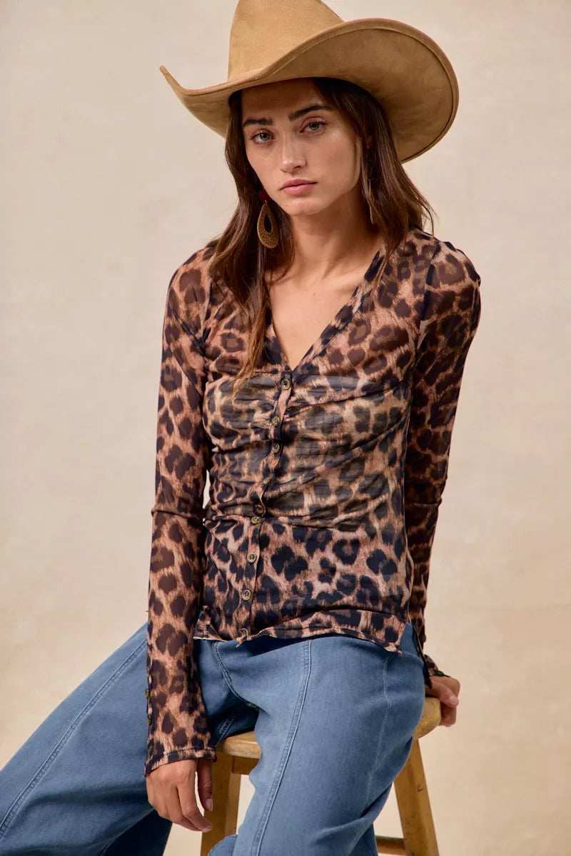 BiBi Leopard Printed Mesh Shirt With Button Up V Neck - Trendsi - Flyclothing LLC