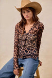 BiBi Leopard Printed Mesh Shirt With Button Up V Neck - Trendsi - Flyclothing LLC
