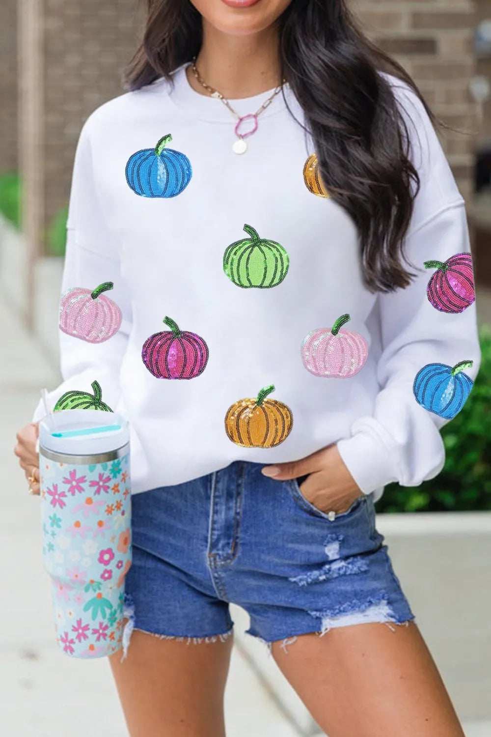 Pumpkin Round Neck Long Sleeve Sweatshirt - Trendsi - Flyclothing LLC