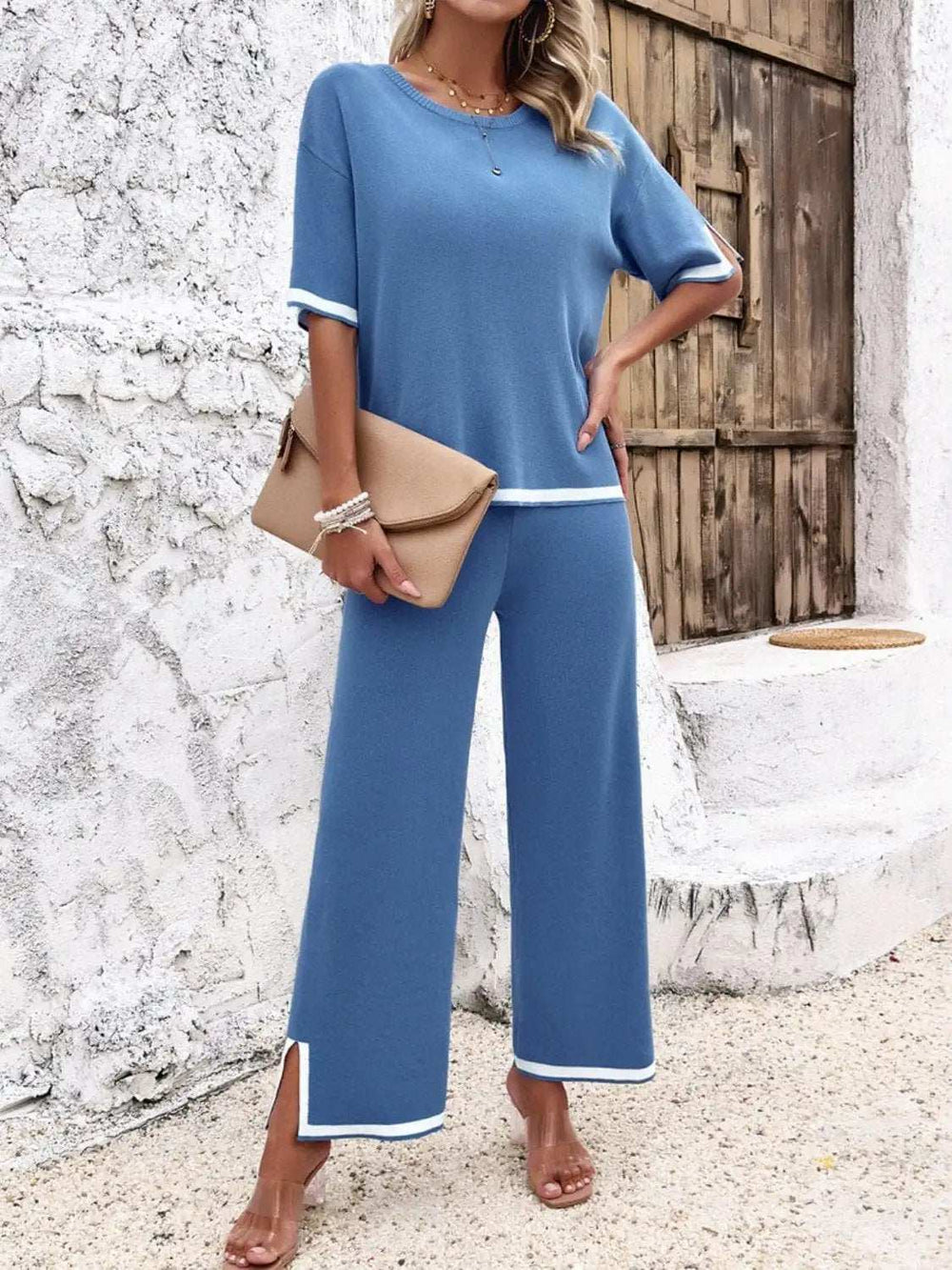 Contrast Trim Round Neck Top and Pants Set - Trendsi - Flyclothing LLC