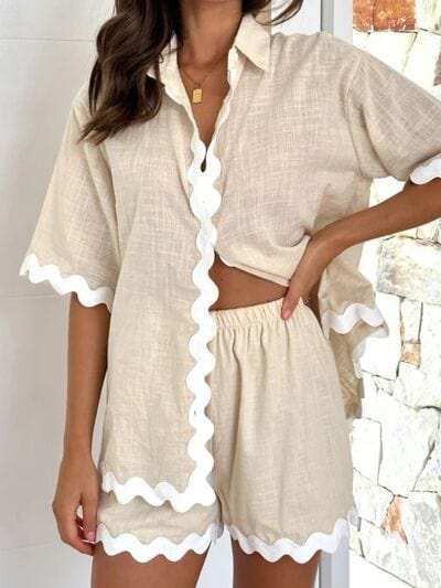 Contrast Trim Half Sleeve Top and Shorts Set - Trendsi - Flyclothing LLC