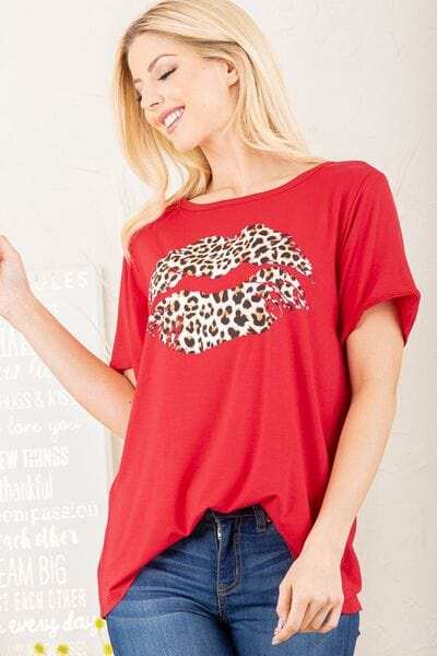 Heimish Full Size Leopard Lip Round Neck Short Sleeve T-Shirt Plus Size - Trendsi - Flyclothing LLC