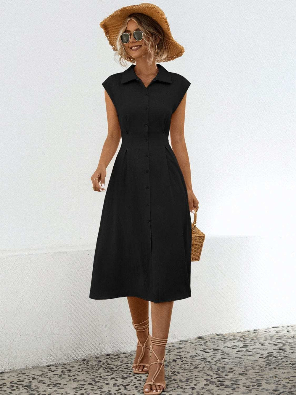 Button Up Cap Sleeve Midi Dress - Trendsi - Flyclothing LLC