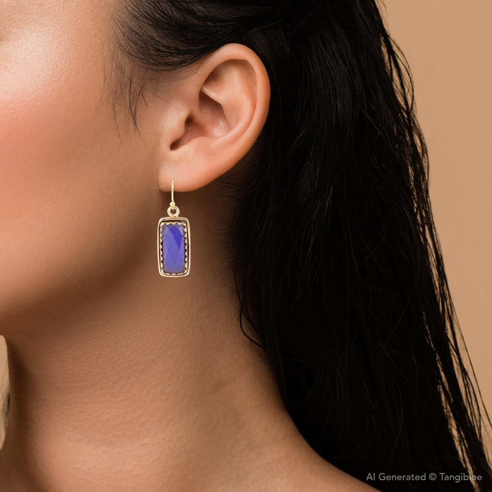 Filigreed Blue Agate Rectangular Shape Golden Drop Earrings - Barse Jewelry - Flyclothing LLC