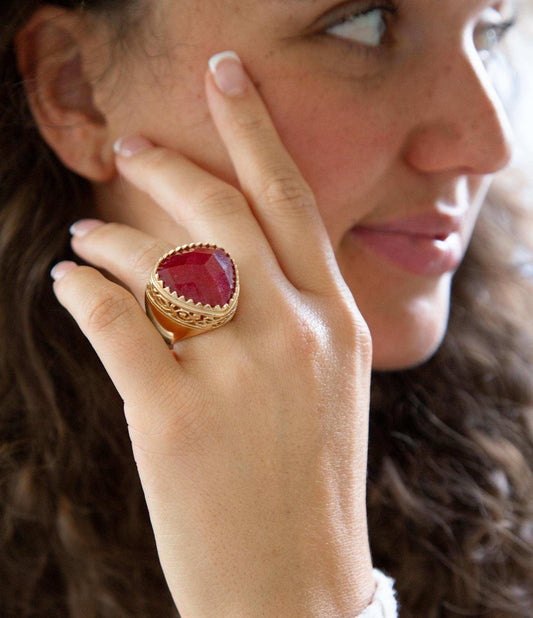 Filigreed Merlot Red Quarrtz Golden Statement Ring - Barse Jewelry - Flyclothing LLC