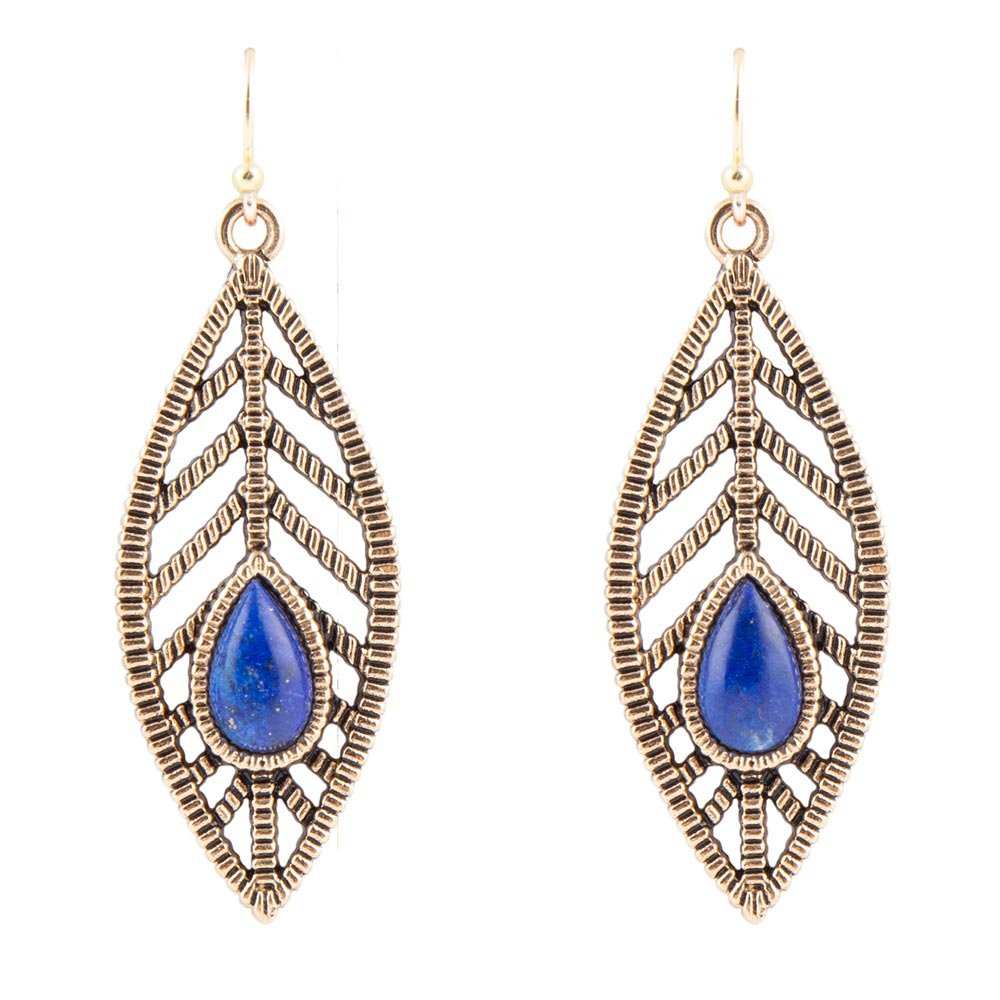 Flourished Blue Lapis Golden Feather Drop Earrings - Barse Jewelry - Flyclothing LLC