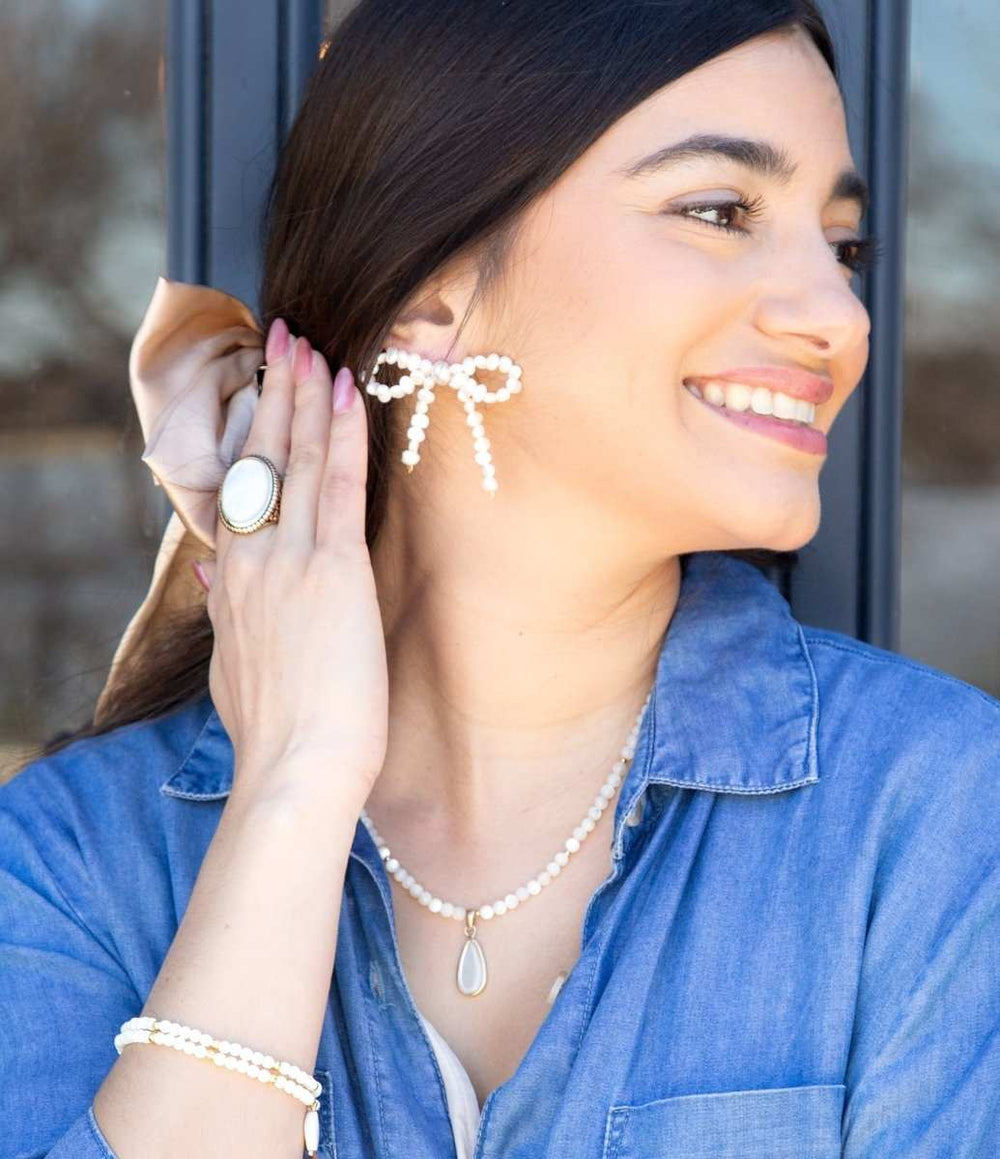 Freshwater White Pearl Bow Post Earrings - Barse Jewelry - Flyclothing LLC