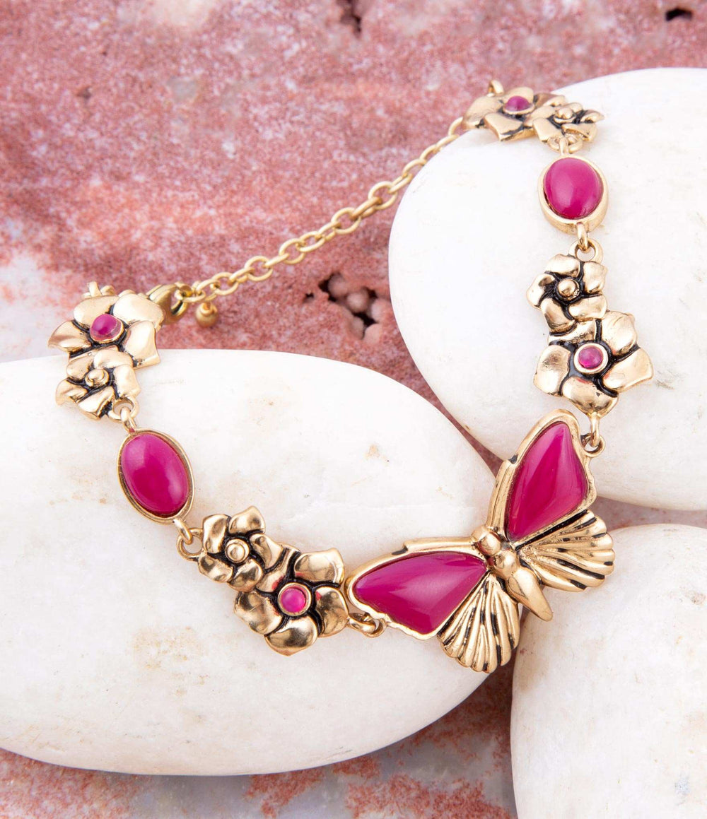 Pink Fuchsia Agate Golden Butterflies Adjustable Bracelet - Barse Jewelry - Flyclothing LLC