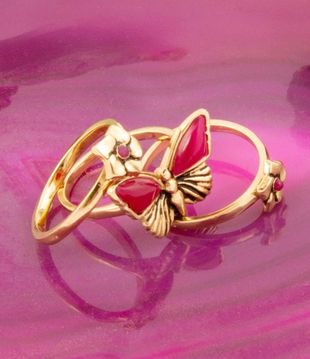Pink Fuchsia Agate Golden Butterflies Triple Ring Set - Barse Jewelry - Flyclothing LLC