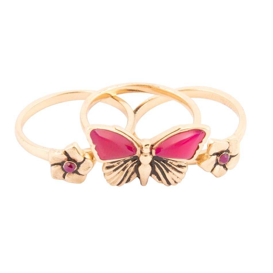 Pink Fuchsia Agate Golden Butterflies Triple Ring Set - Barse Jewelry - Flyclothing LLC