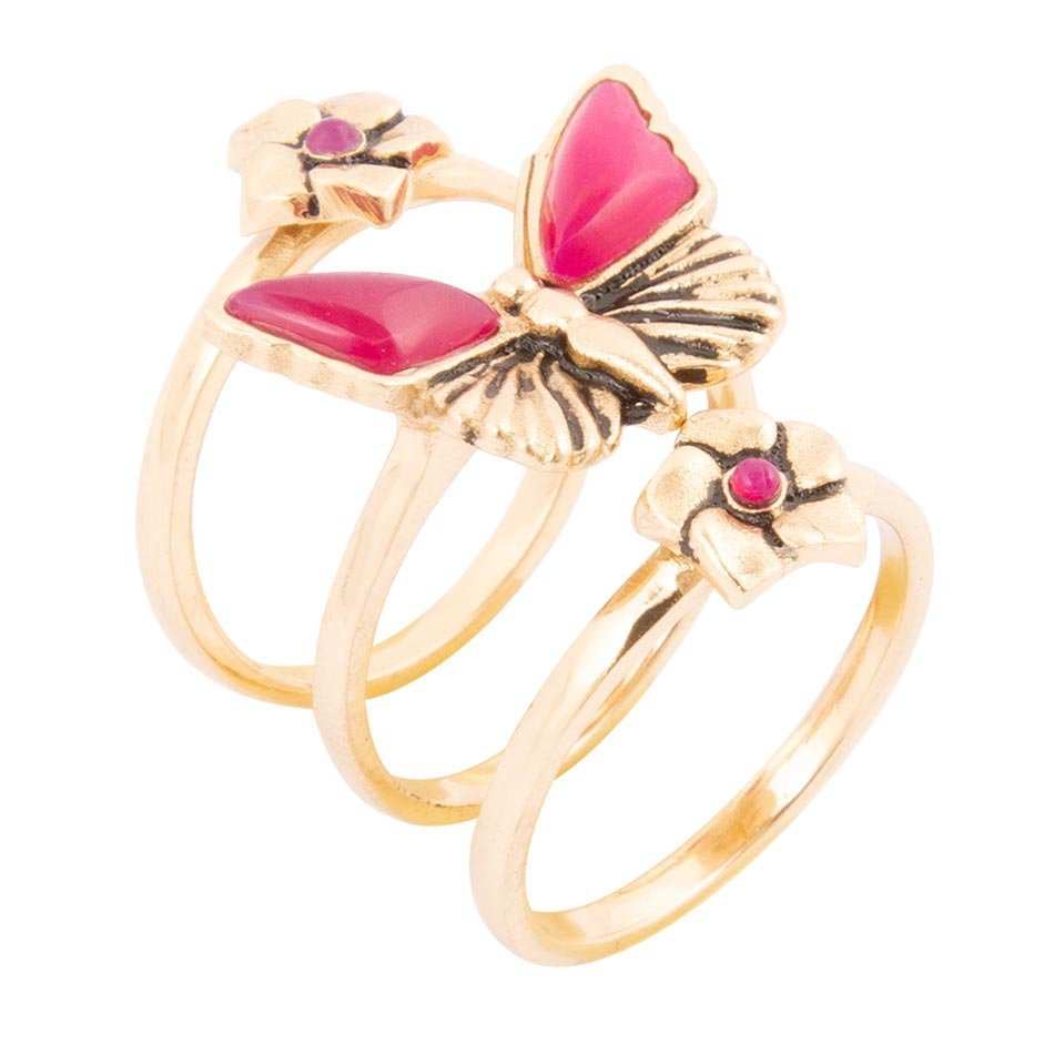 Pink Fuchsia Agate Golden Butterflies Triple Ring Set - Barse Jewelry - Flyclothing LLC