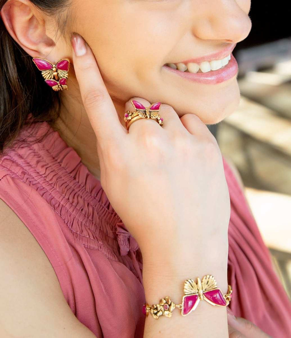 Pink Fuchsia Agate Golden Butterflies Triple Ring Set - Barse Jewelry - Flyclothing LLC