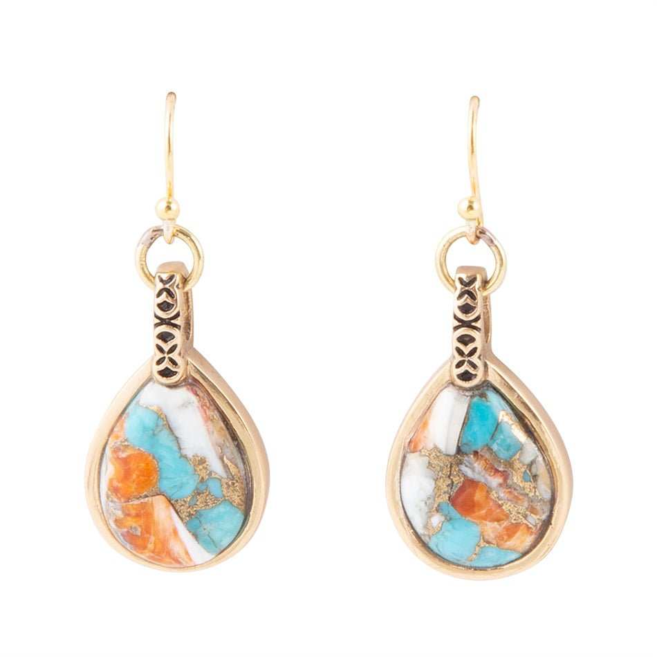 Blue and Orange Turquoise and Spiny Oyster Shell Stone Mix Golden Earrings - Barse Jewelry - Flyclothing LLC